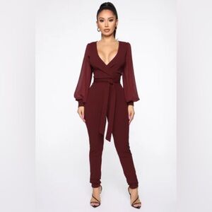 Burgundy suit one piece with belt